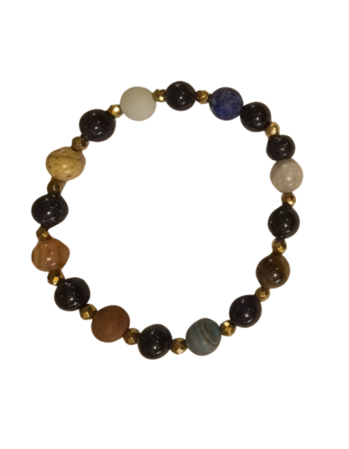 Pulsera Conjunción Planetaria: Aventurina polvo de oro azul, Labradorita, Ojo de Tigre, Crisocola, Jaspe Rojo, Sardónice, Amazonita y Lapislázuli, Hematita esfera facetada 3mm