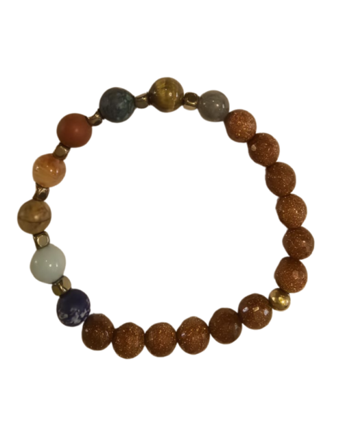 Pulsera Conjunción Planetaria: Aventurina polvo de oro azul, Labradorita, Ojo de Tigre, Crisocola, Jaspe Rojo, Sardónice, Amazonita y Lapislázuli, Hematita cubo 3mm