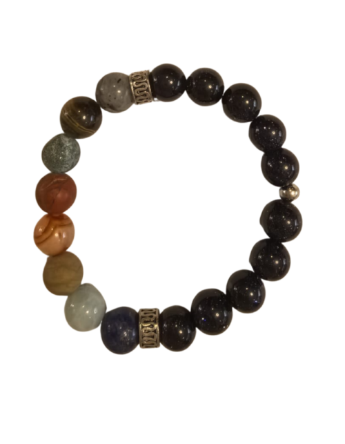 Pulsera Conjunción Planetaria: Aventurina polvo de oro azul, Labradorita, Ojo de Tigre, Crisocola, Jaspe Rojo, Sardónice, Amazonita y Lapislázuli, esferas lisas 10mm. Separadores de Pewter Cilindro Grabado 10mm